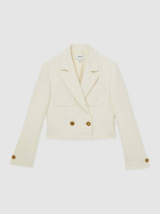 Double-Breasted Textured Cropped Blazer with Wool and Cotton White | Women