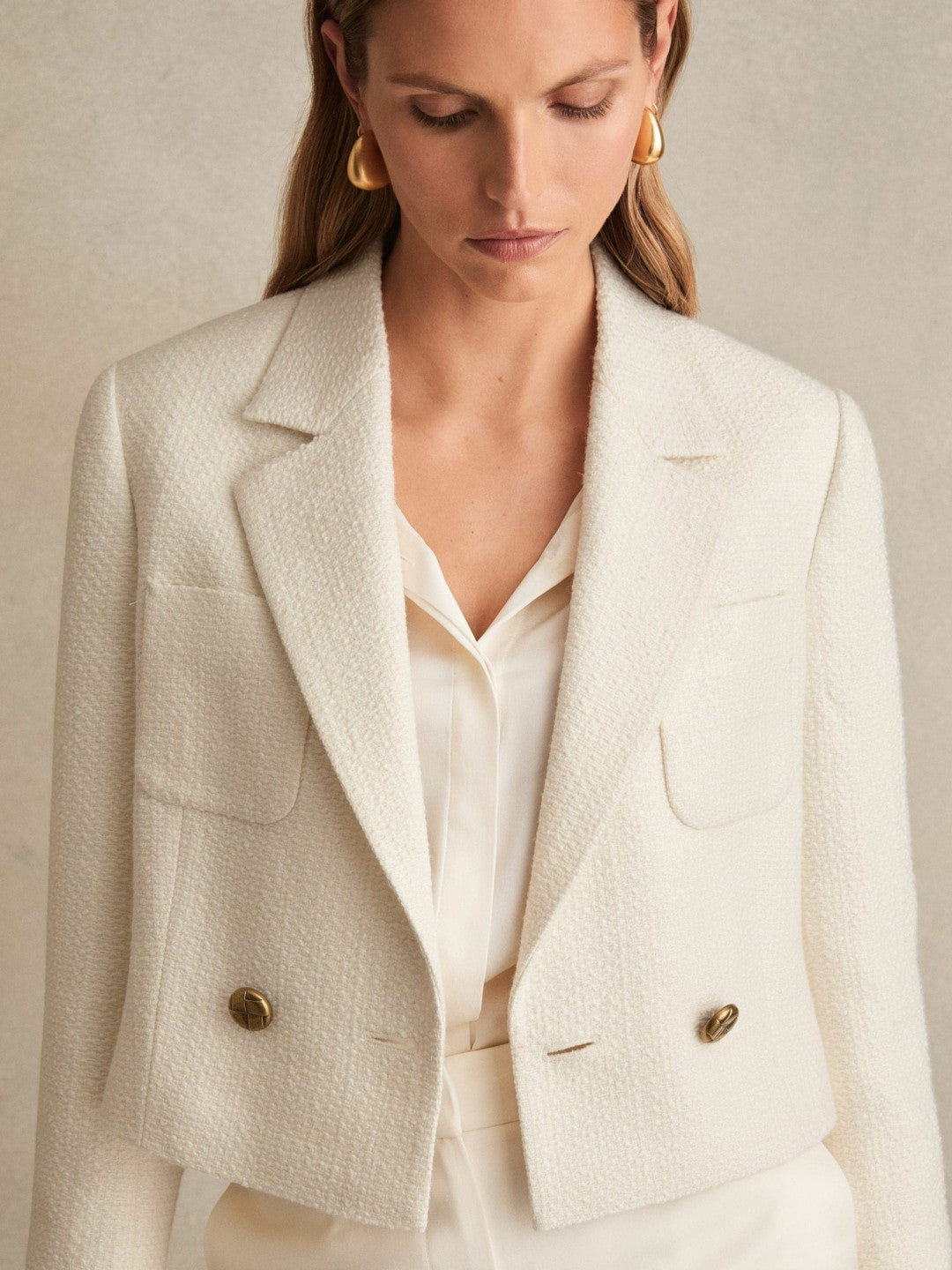 Double-Breasted Textured Cropped Blazer with Wool and Cotton White | Women