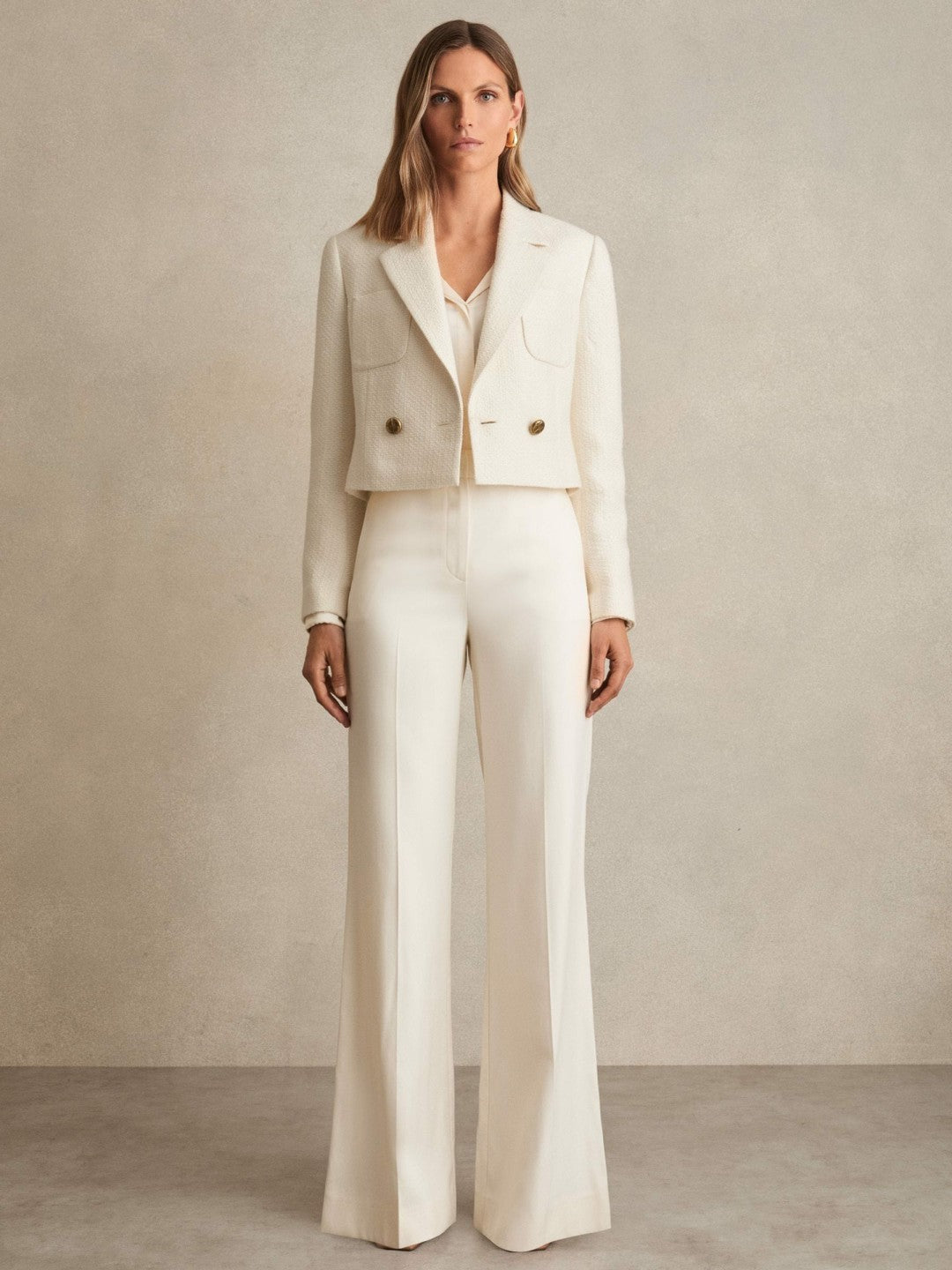 Double-Breasted Textured Cropped Blazer with Wool and Cotton White | Women