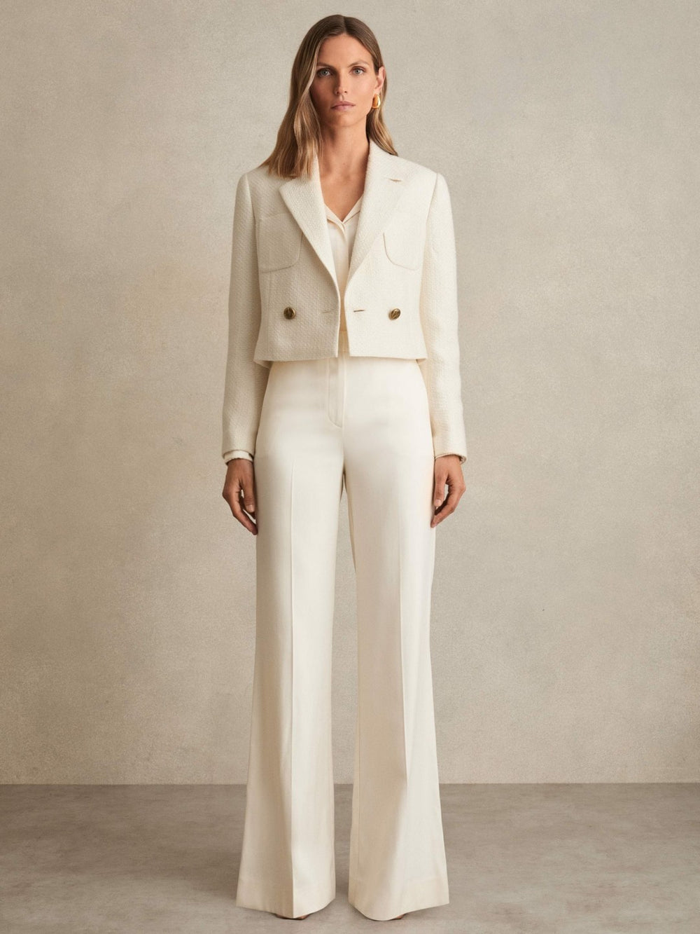 Double-Breasted Textured Cropped Blazer with Wool and Cotton White | Women
