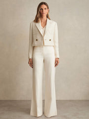 Double-Breasted Textured Cropped Blazer with Wool and Cotton White | Women