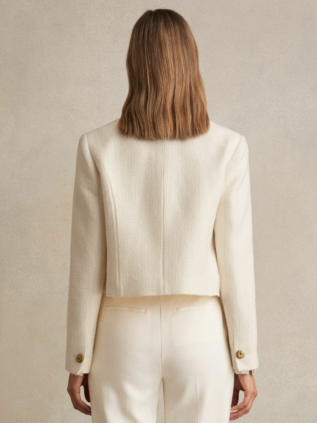 Double-Breasted Textured Cropped Blazer with Wool and Cotton White | Women