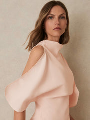 Draped-Front High-Neck Midi Dress Pale Pink | Women