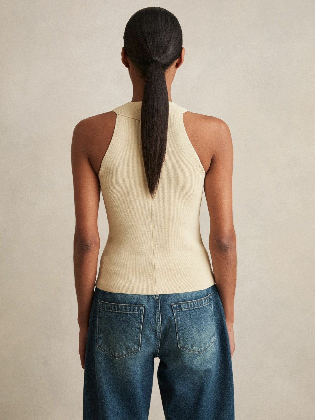 Rib Knit High Neck Vest Ivory | Women
