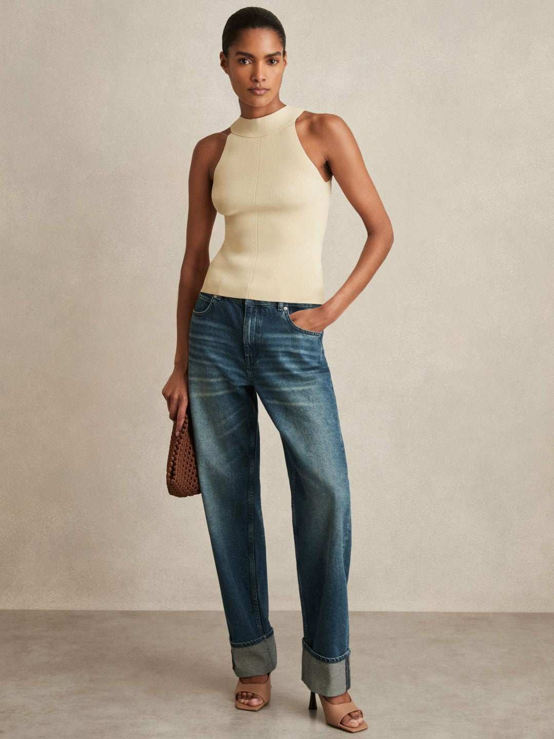 Rib Knit High Neck Vest Ivory | Women