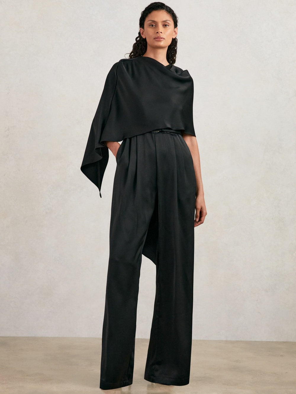 Halston Crepe Wide Leg Cape Jumpsuit Black | Women