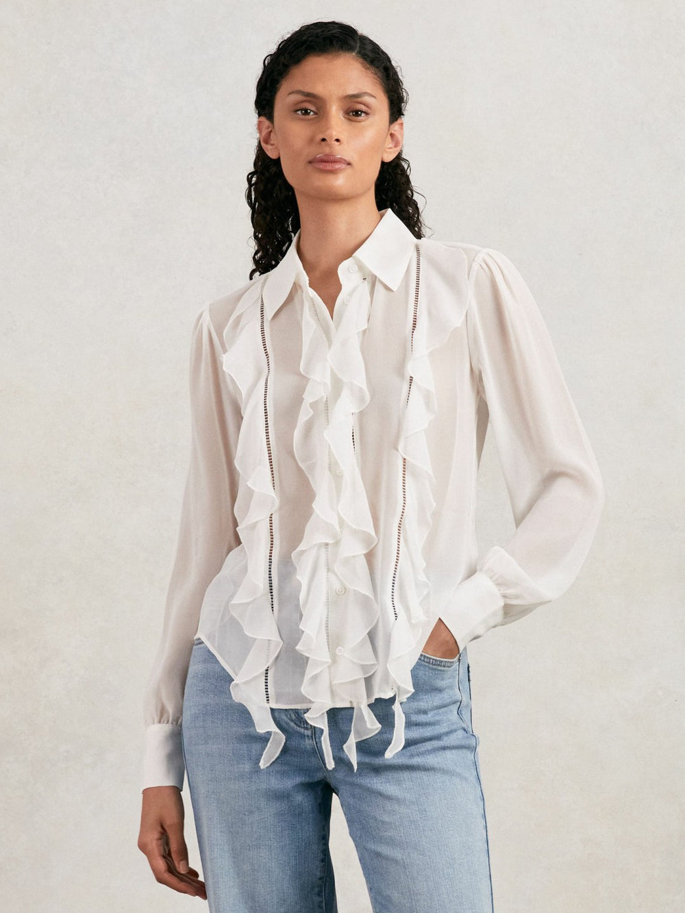 Paige Silk Georgette Ruffle Trim Shirt White | Women
