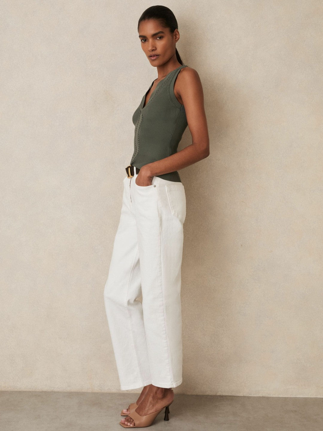 Craft-Stitch Rib-Knit Vest Khaki Green | Women