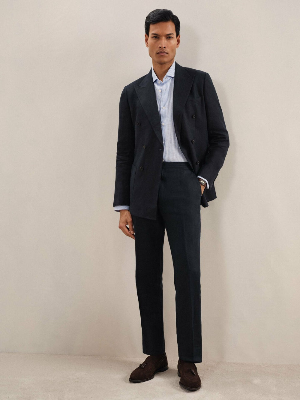 Linen Double-Breasted Suit Slim-Fit Blazer Navy | Men