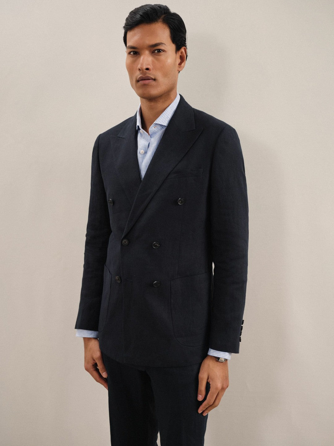 Linen Double-Breasted Suit Slim-Fit Blazer Navy | Men