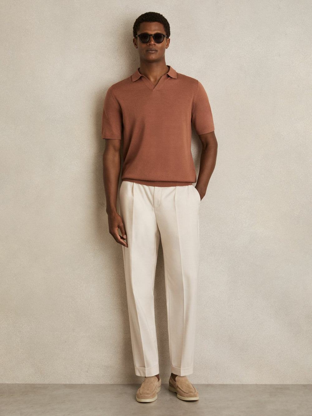 Merino Wool Open Collar Polo Shirt Cinnamon Brown | Men