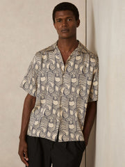 Wave Print Cuban Collar Shirt Off White/Navy | Men