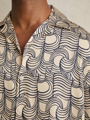 Wave Print Cuban Collar Shirt Off White/Navy | Men