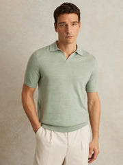 Merino Wool Open Collar Polo Shirt Sage Green Melange | Men