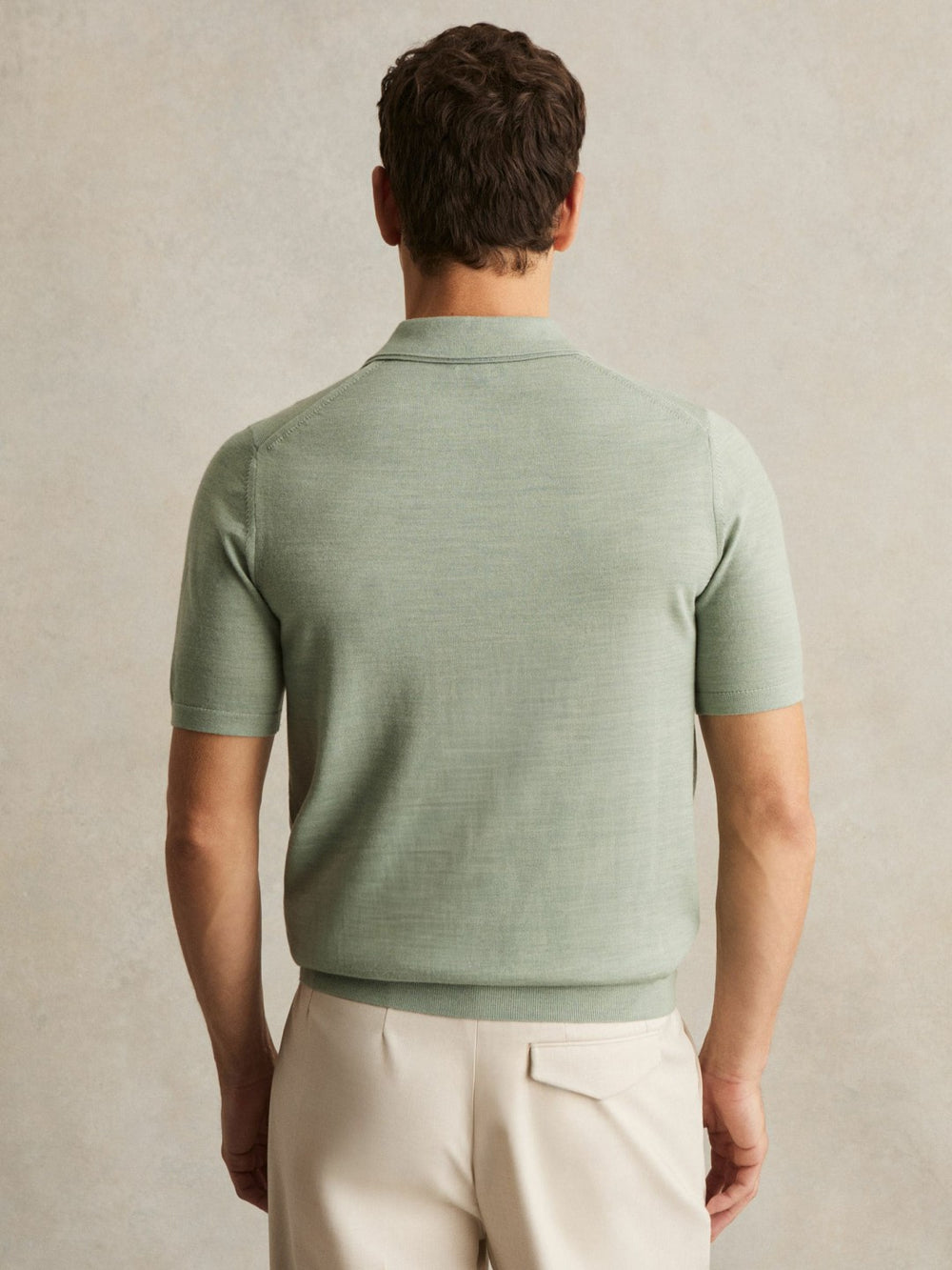 Merino Wool Open Collar Polo Shirt Sage Green Melange | Men
