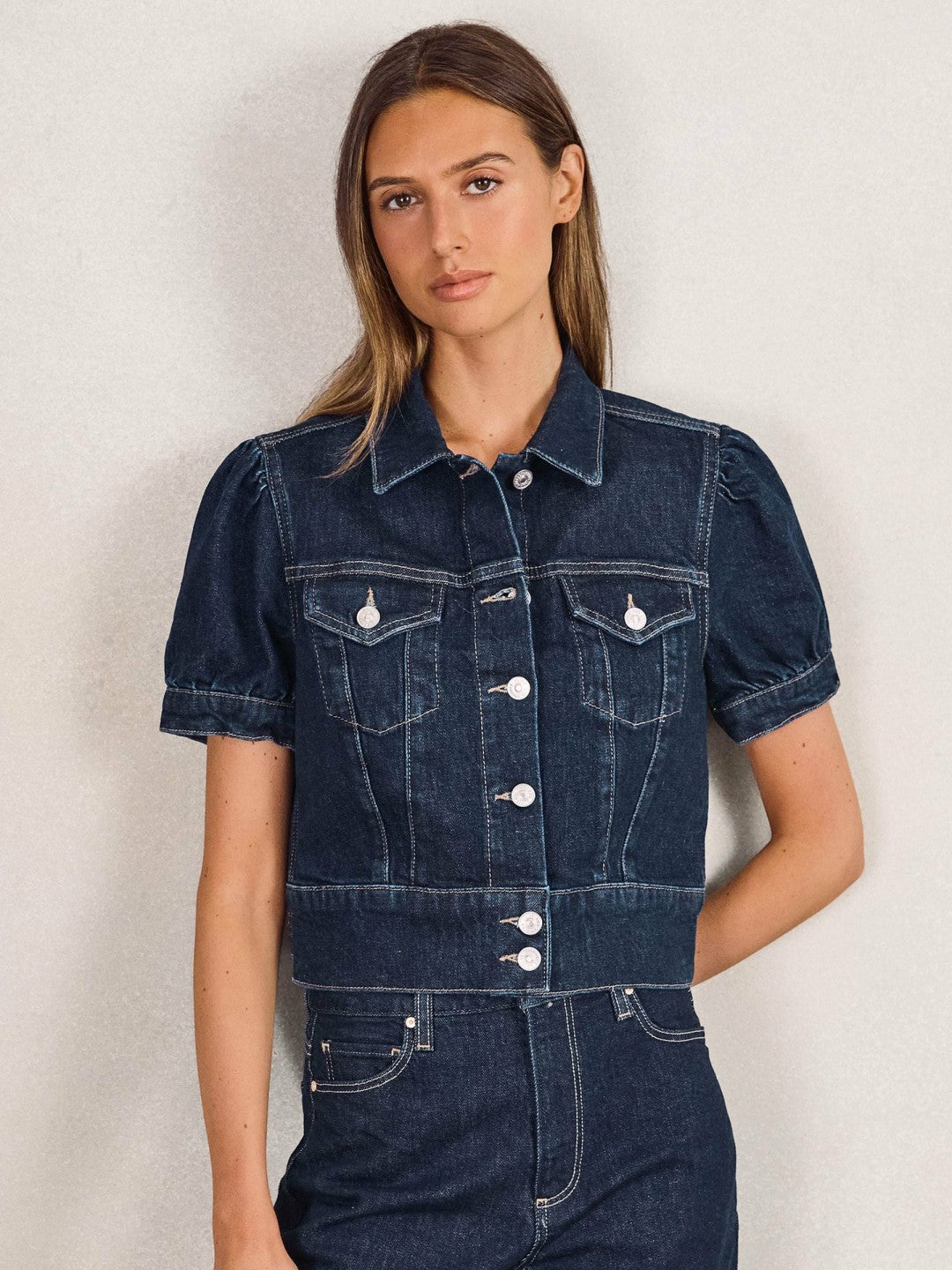 Paige Puff-Sleeve Short Denim Jacket Emberlynn Blue | Women