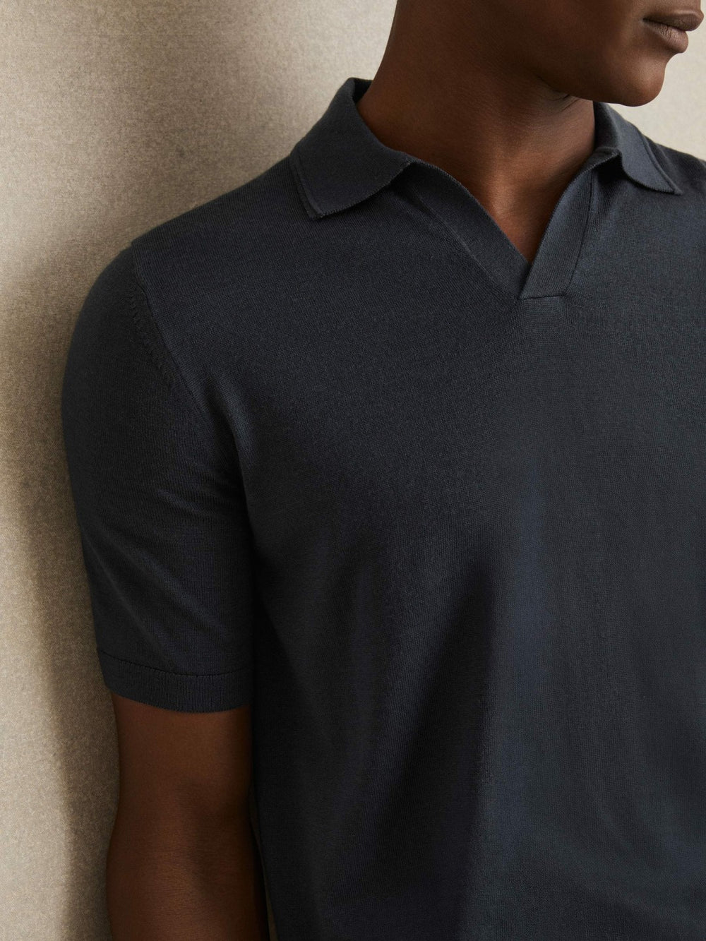 Merino Wool Open Collar Polo Shirt Midnight Navy | Men