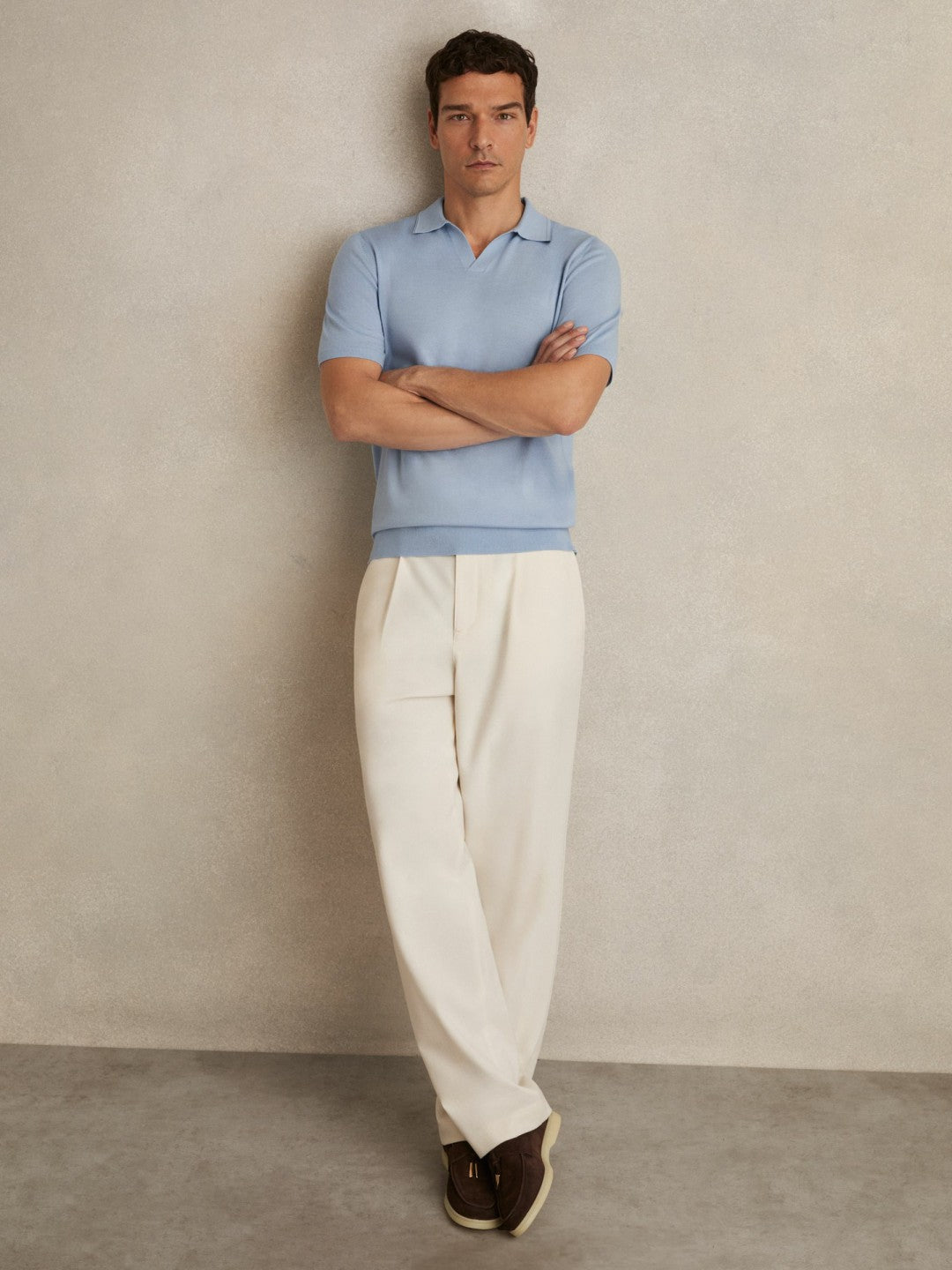 Merino Wool Open Collar Polo Shirt Soft Blue | Men