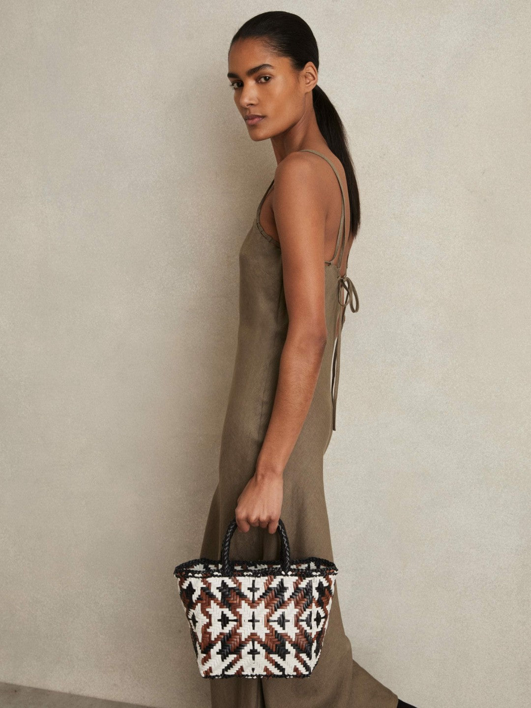 Small Leather Woven Tote Bag Tan/White/Black | Women