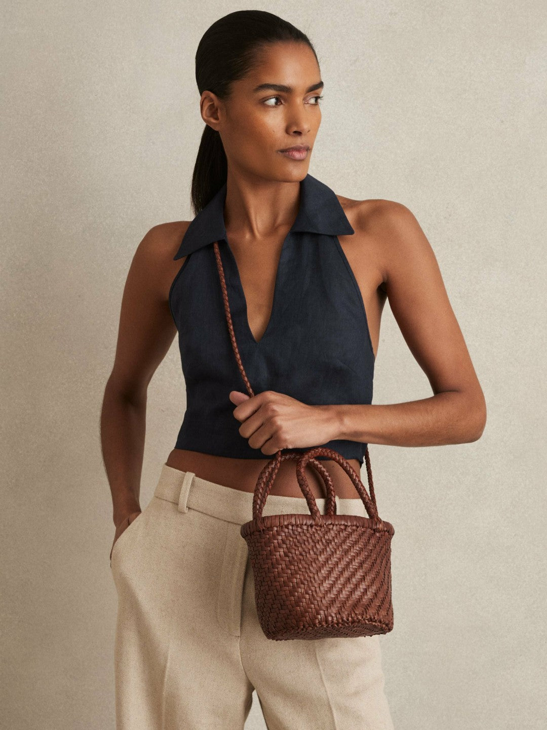 Leather Woven Mini Tote Bag Tan | Women