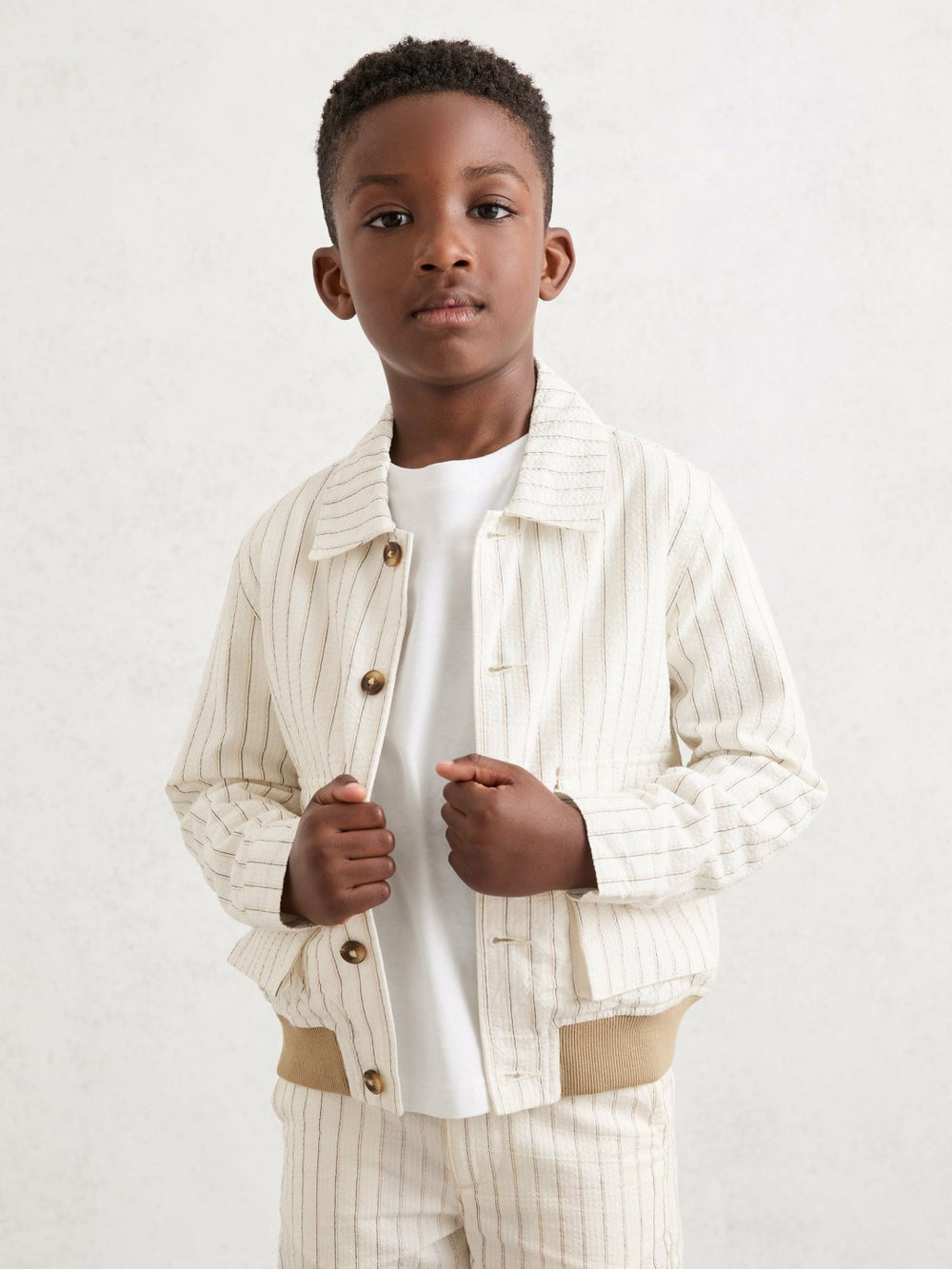 13-14 yrs Cotton Pinstripe Harrington Jacket Off White/Taupe Brown | Children & Baby