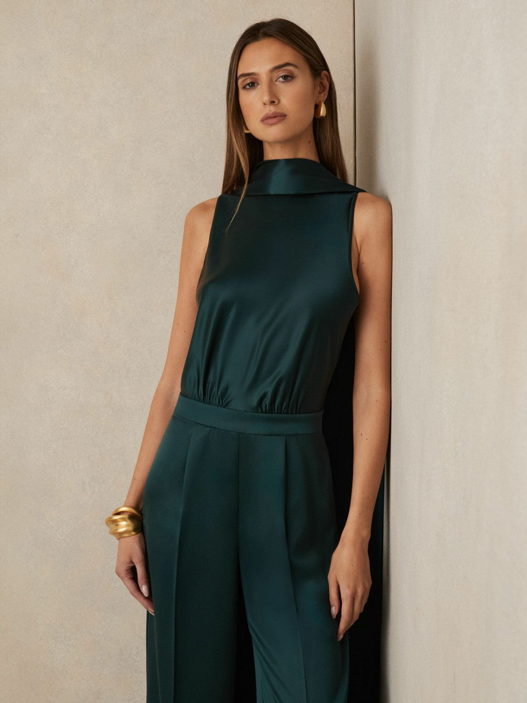 Satin Cape-Sash Jumpsuit Teal Green | Women