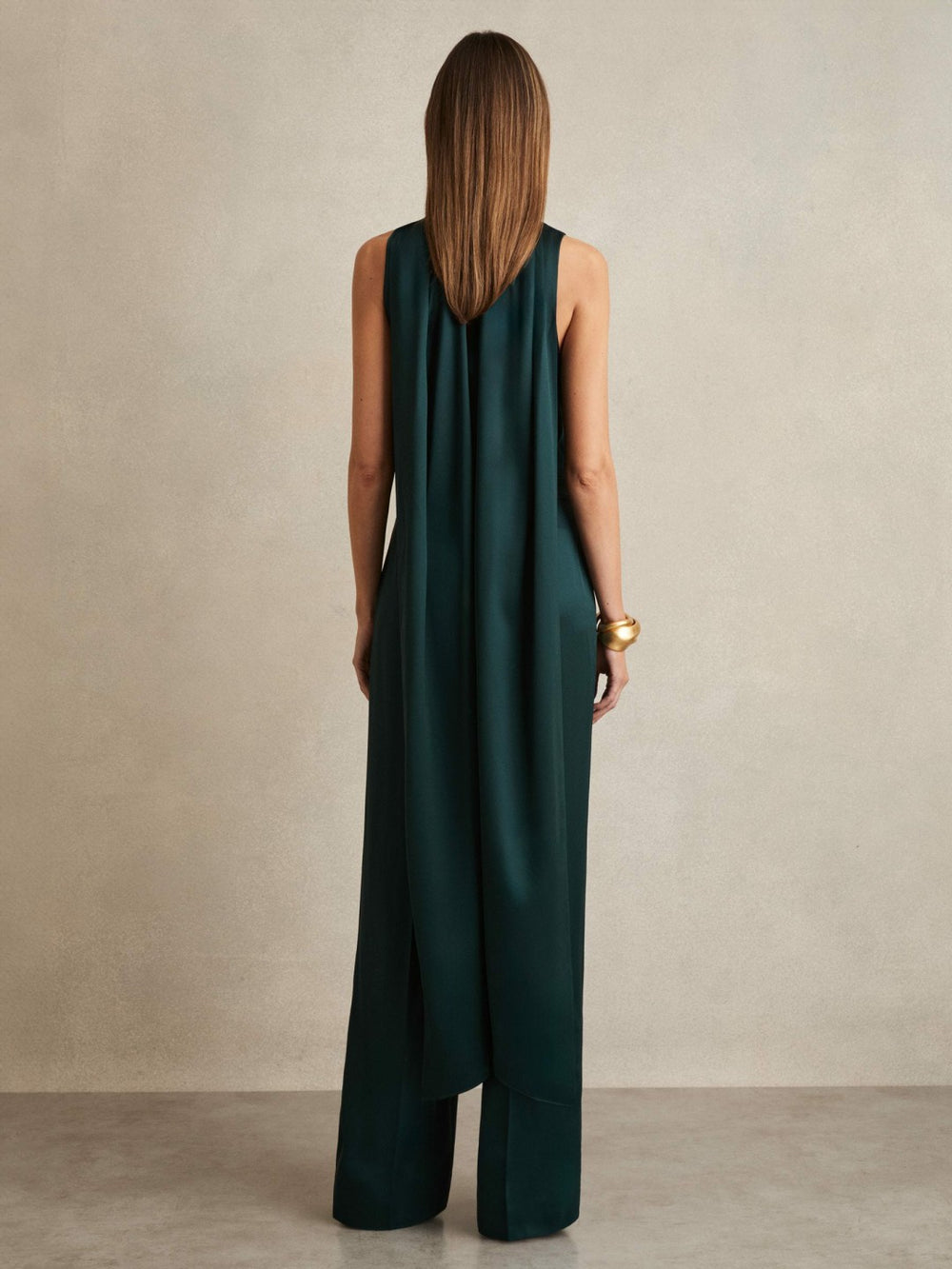 Satin Cape-Sash Jumpsuit Teal Green | Women