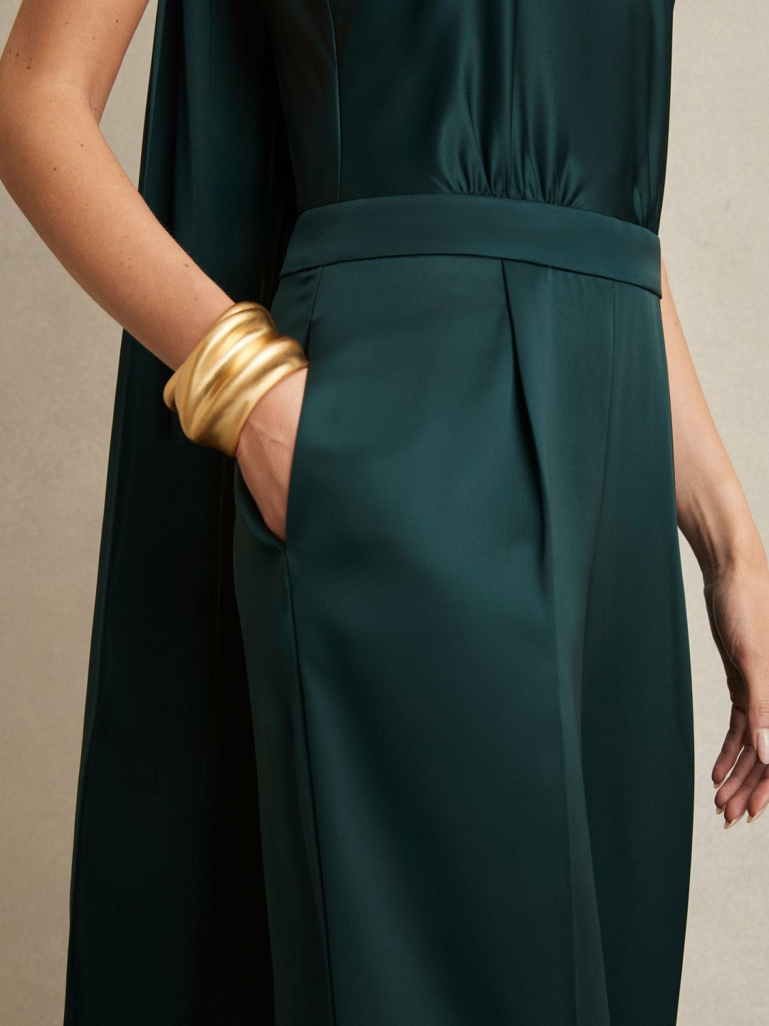 Satin Cape-Sash Jumpsuit Teal Green | Women