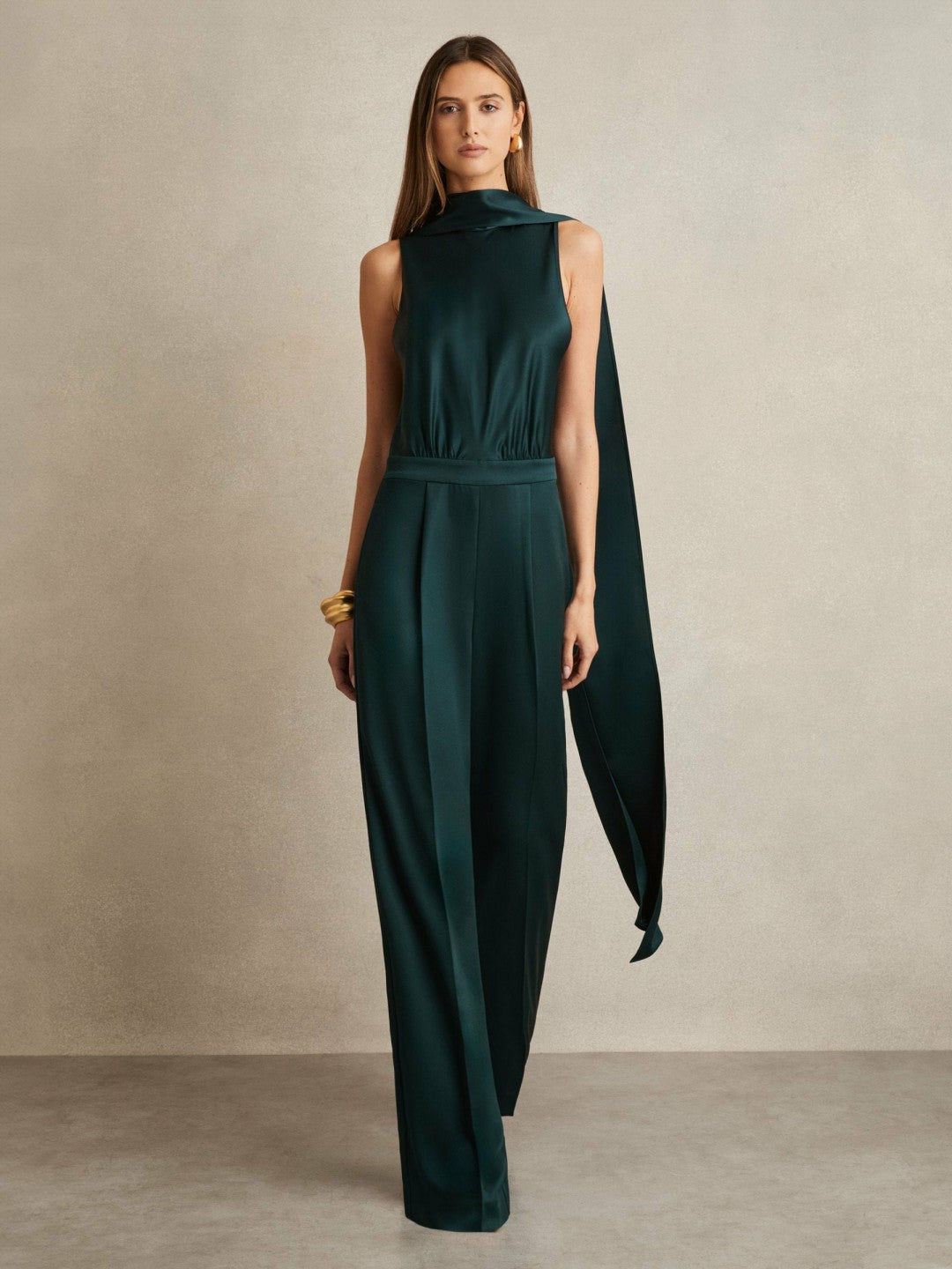 Satin Cape-Sash Jumpsuit Teal Green | Women