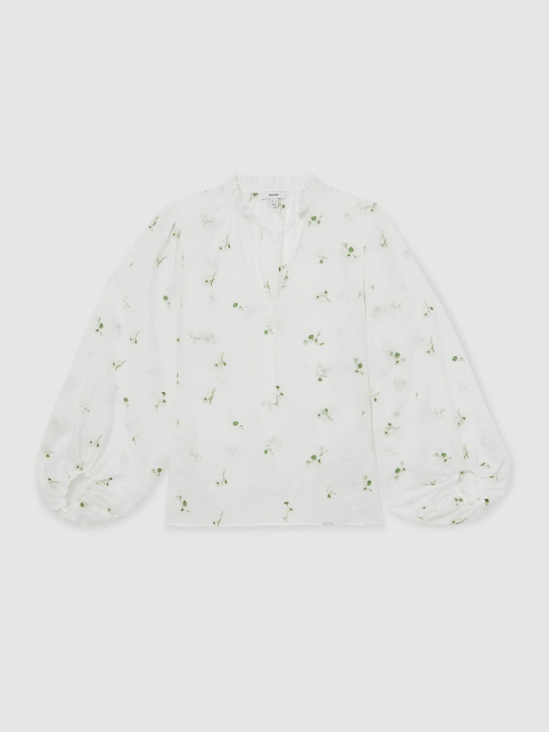 Floral-Embroidered Tie-Neck Blouse Ramie-Lyocell Ivory | Women