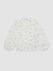Floral-Embroidered Tie-Neck Blouse Ramie-Lyocell Ivory | Women