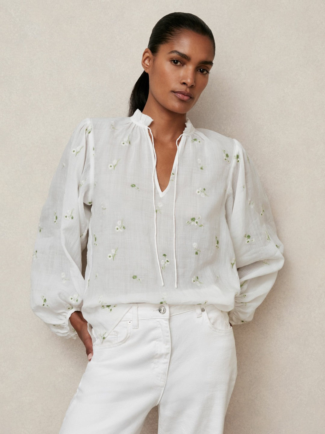 Floral-Embroidered Tie-Neck Blouse Ramie-Lyocell Ivory | Women