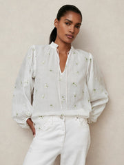 Floral-Embroidered Tie-Neck Blouse Ramie-Lyocell Ivory | Women