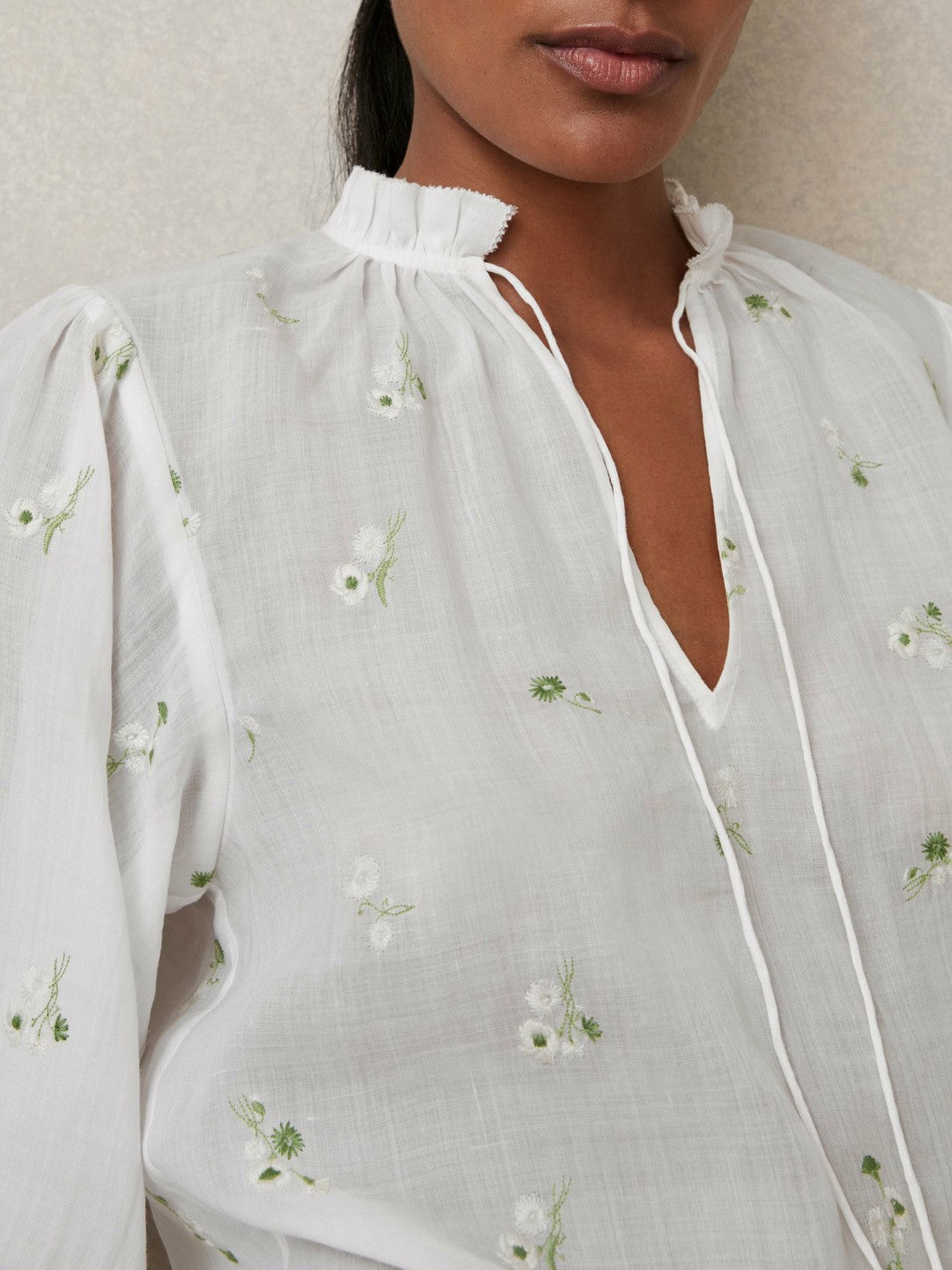 Floral-Embroidered Tie-Neck Blouse Ramie-Lyocell Ivory | Women