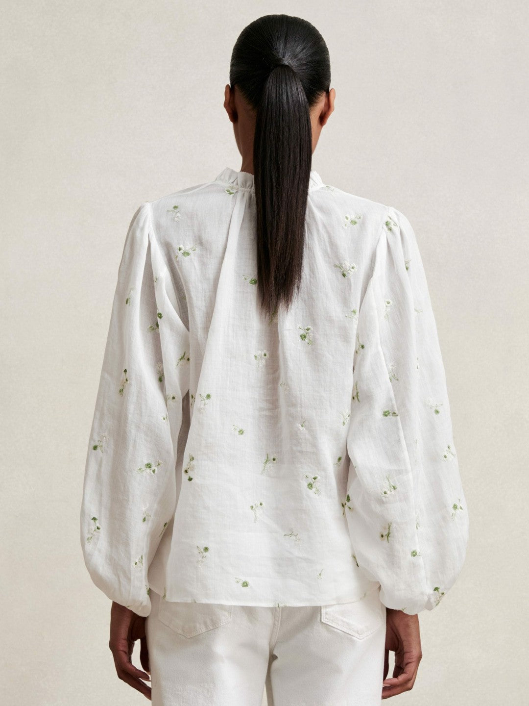 Floral-Embroidered Tie-Neck Blouse Ramie-Lyocell Ivory | Women