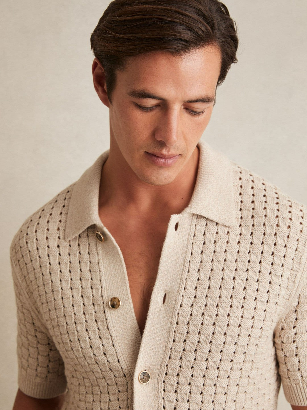 Basketweave Knit Button Through Cotton Blend Shirt Stone | Men