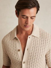 Basketweave Knit Button Through Cotton Blend Shirt Stone | Men