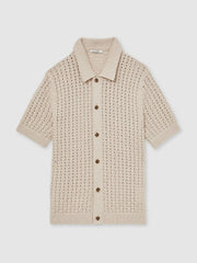 Basketweave Knit Button Through Cotton Blend Shirt Stone | Men
