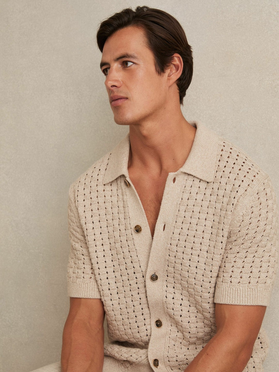 Basketweave Knit Button Through Cotton Blend Shirt Stone | Men
