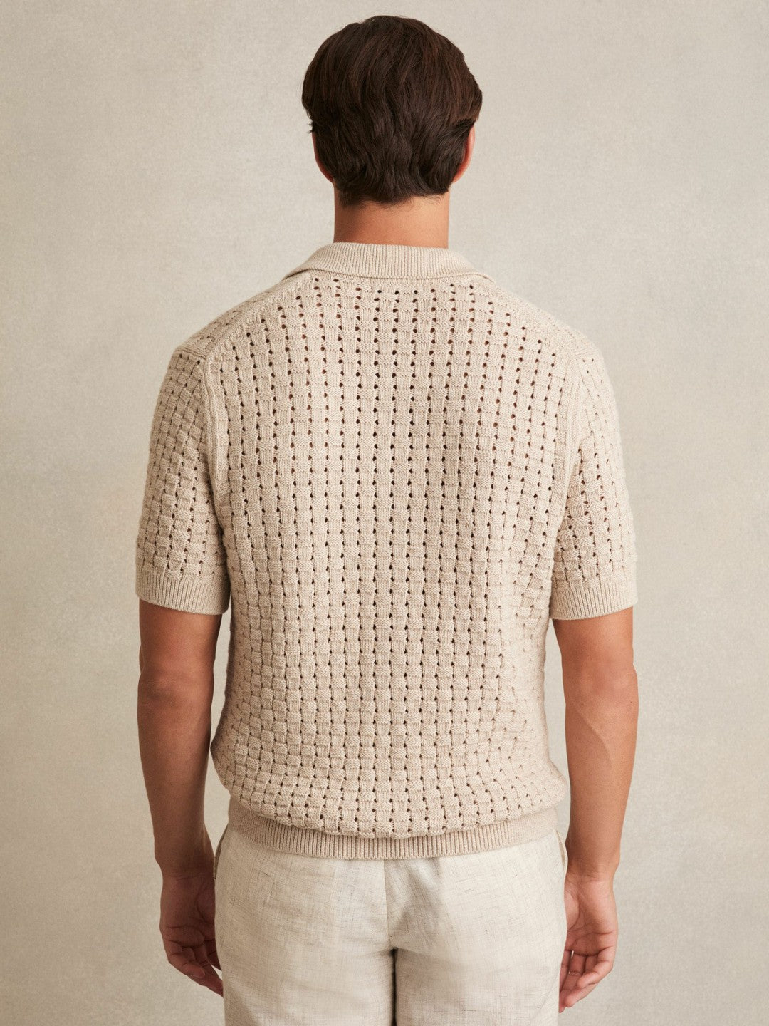 Basketweave Knit Button Through Cotton Blend Shirt Stone | Men
