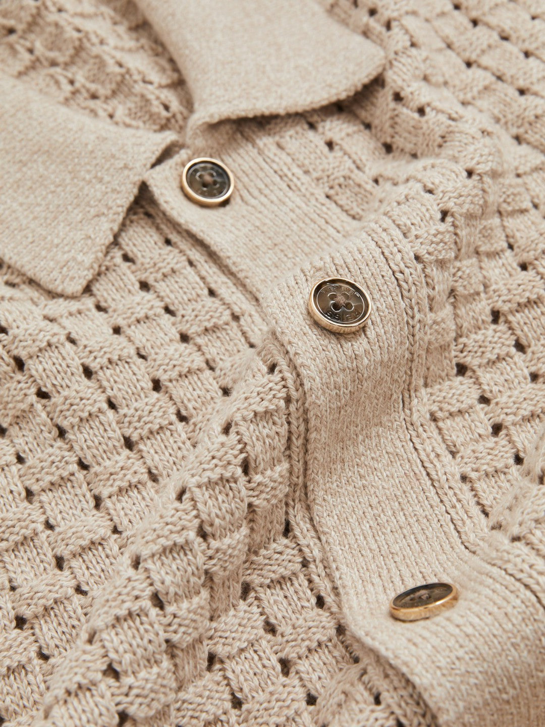 Basketweave Knit Button Through Cotton Blend Shirt Stone | Men
