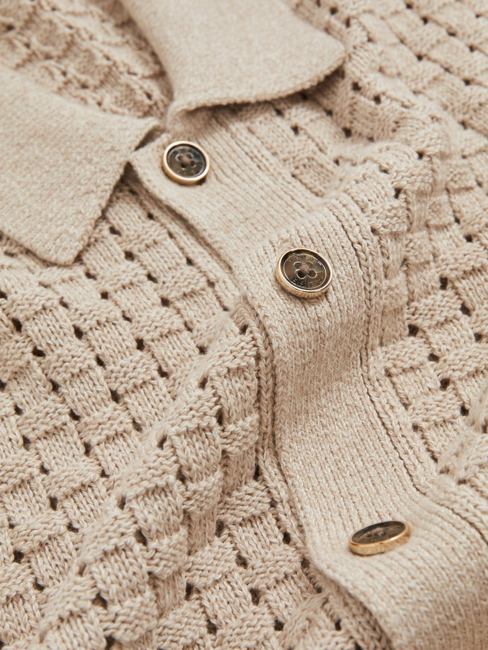 Basketweave Knit Button Through Cotton Blend Shirt Stone | Men