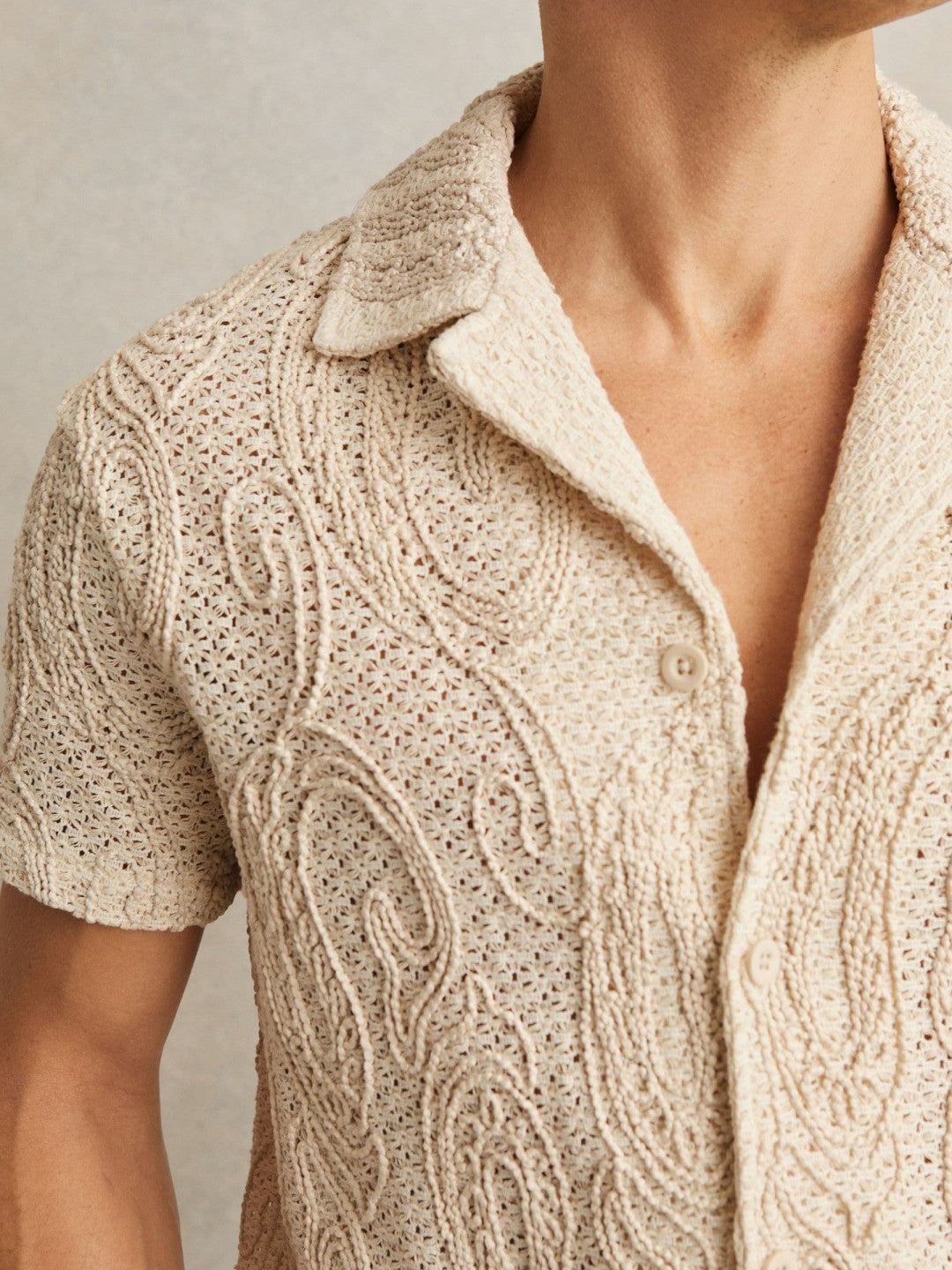 Cotton-Blend Embroidered Crochet Shirt Oatmeal | Men