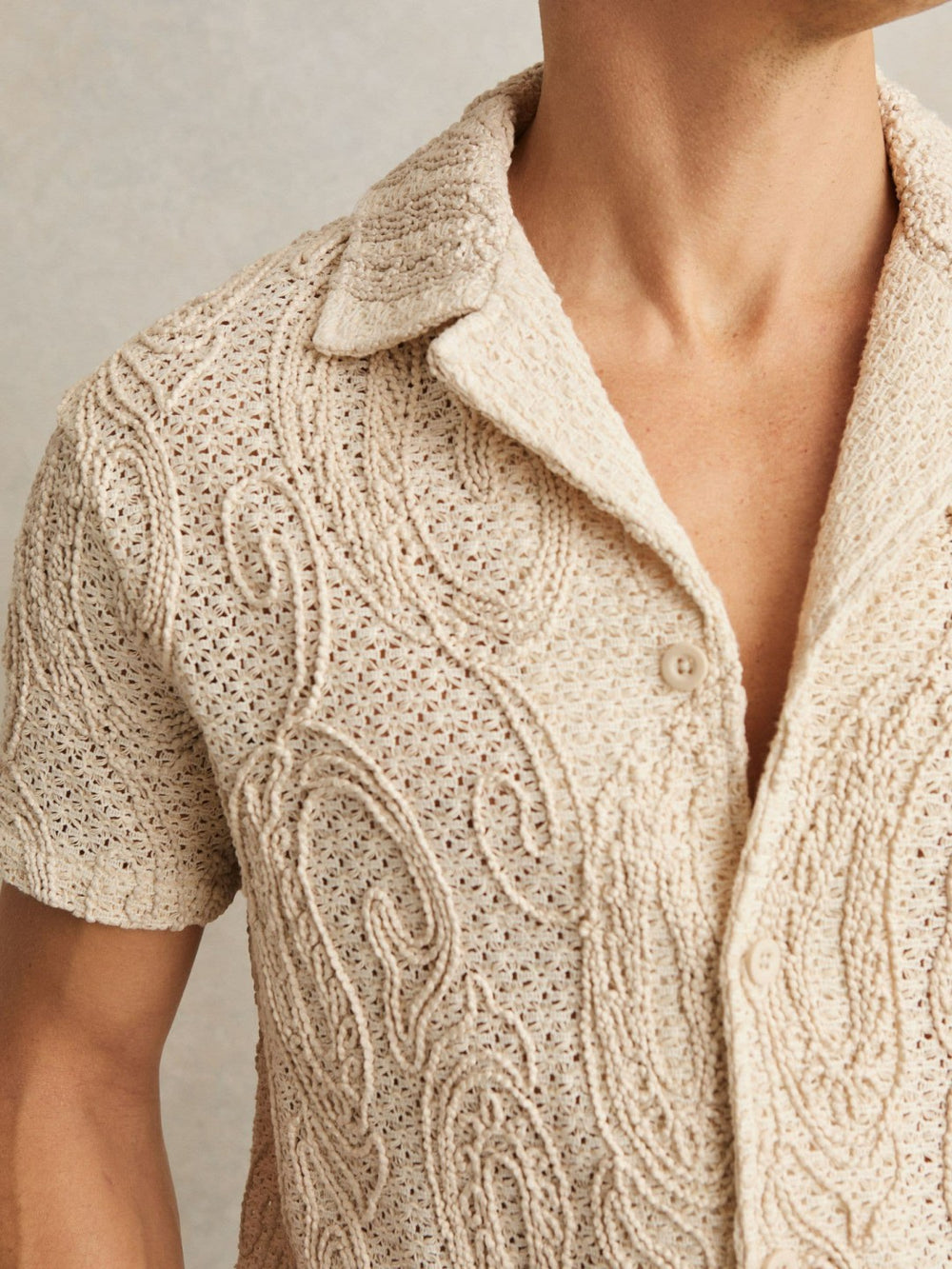 Cotton-Blend Embroidered Crochet Shirt Oatmeal | Men