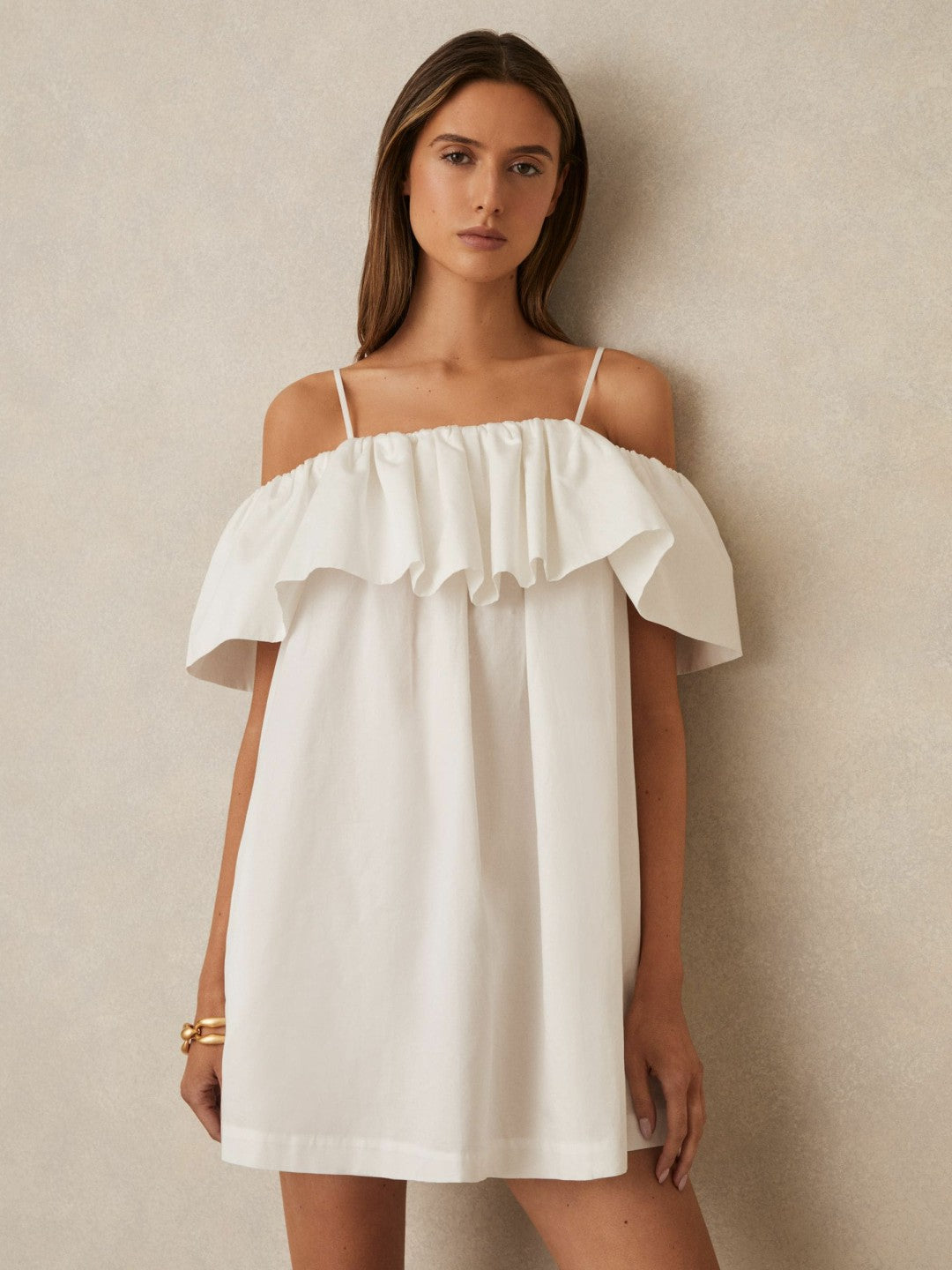 Cotton Off Shoulder Mini Dress Ivory Cream | Women