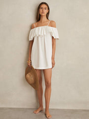 Cotton Off Shoulder Mini Dress Ivory Cream | Women