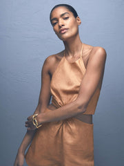 Linen Halterneck Cut Out Playsuit Brown | Women