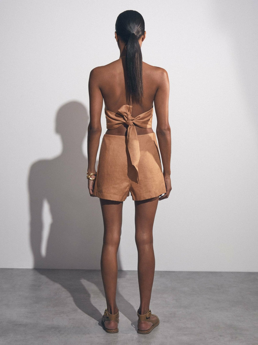 Linen Halterneck Cut Out Playsuit Brown | Women