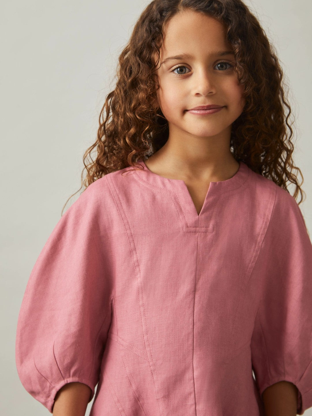 9-13 yrs Linen Balloon-Sleeve Dress Pink | Children & Baby