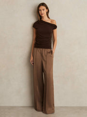Satin Wide Leg Elastic Waist Trousers Taupe Neutral | Women